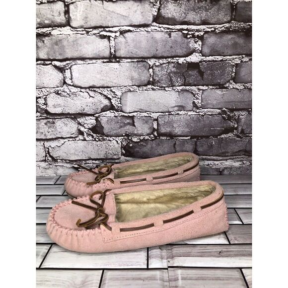 MINNETONKA Pink Rawhide Lace Cally Slip On Leather Moccasins Women Sz 8M US/39EU - Picture 8 of 16